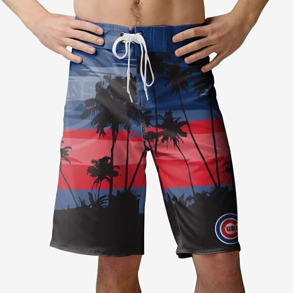 Chicago Cubs Sunset Boardshorts Tropical Blue & Red Beach Palm Trees Men's Sz L - Picture 1 of 7